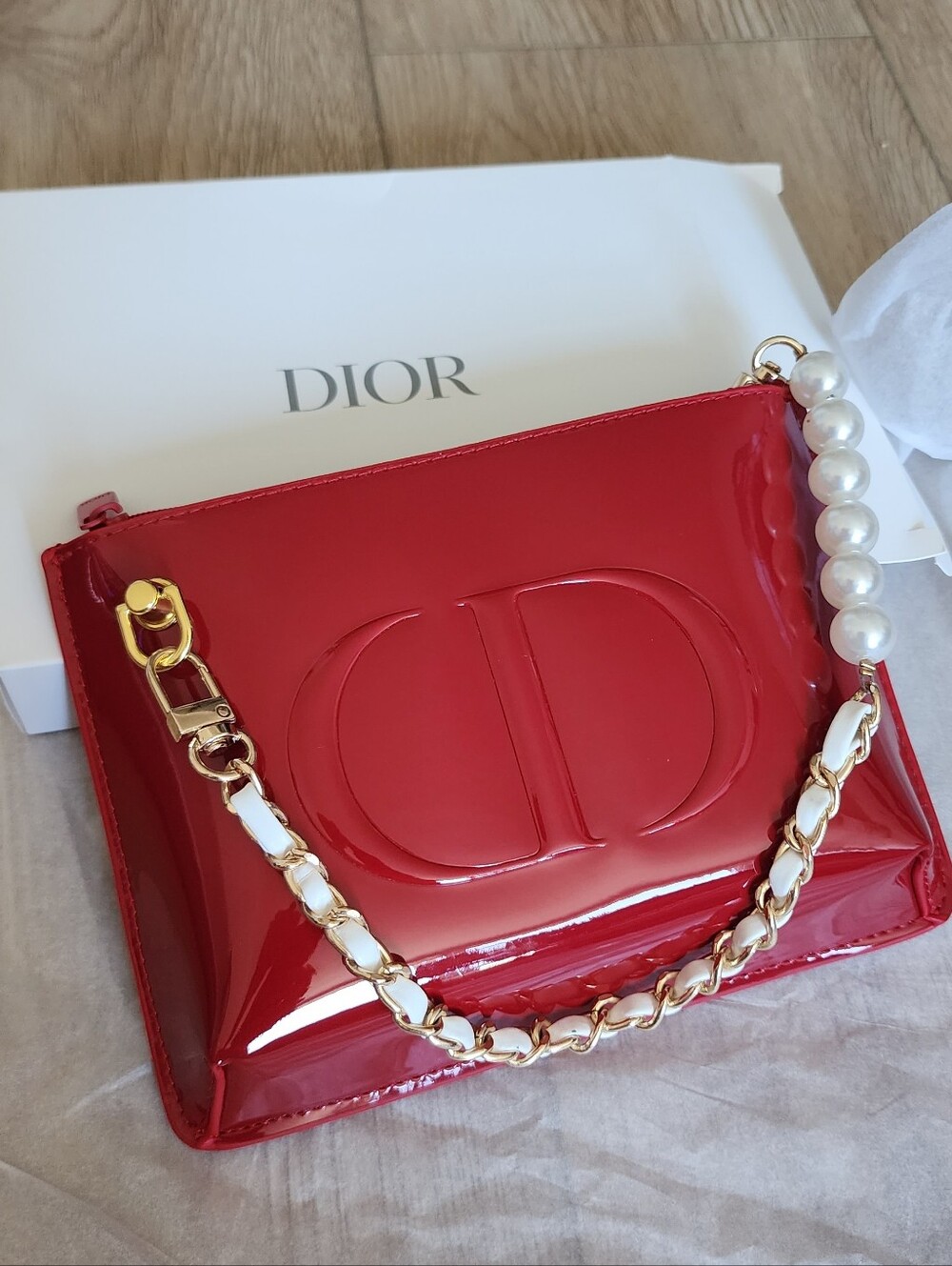Dior CD Logo Patent Leather Zip Red Clutch Bag With Pearl Gold Chain Strap